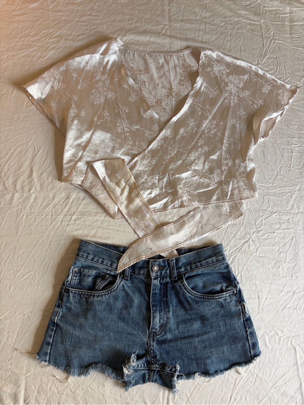 Satin Floral Wrap Crop Top in Light Cream